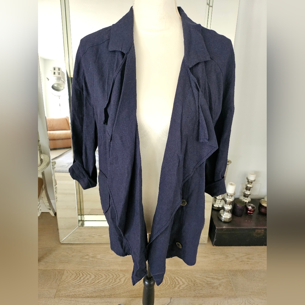Love Tree Linen Blend Open Front Waterfall Jacket Women's Size M Navy - Picture 1 of 5